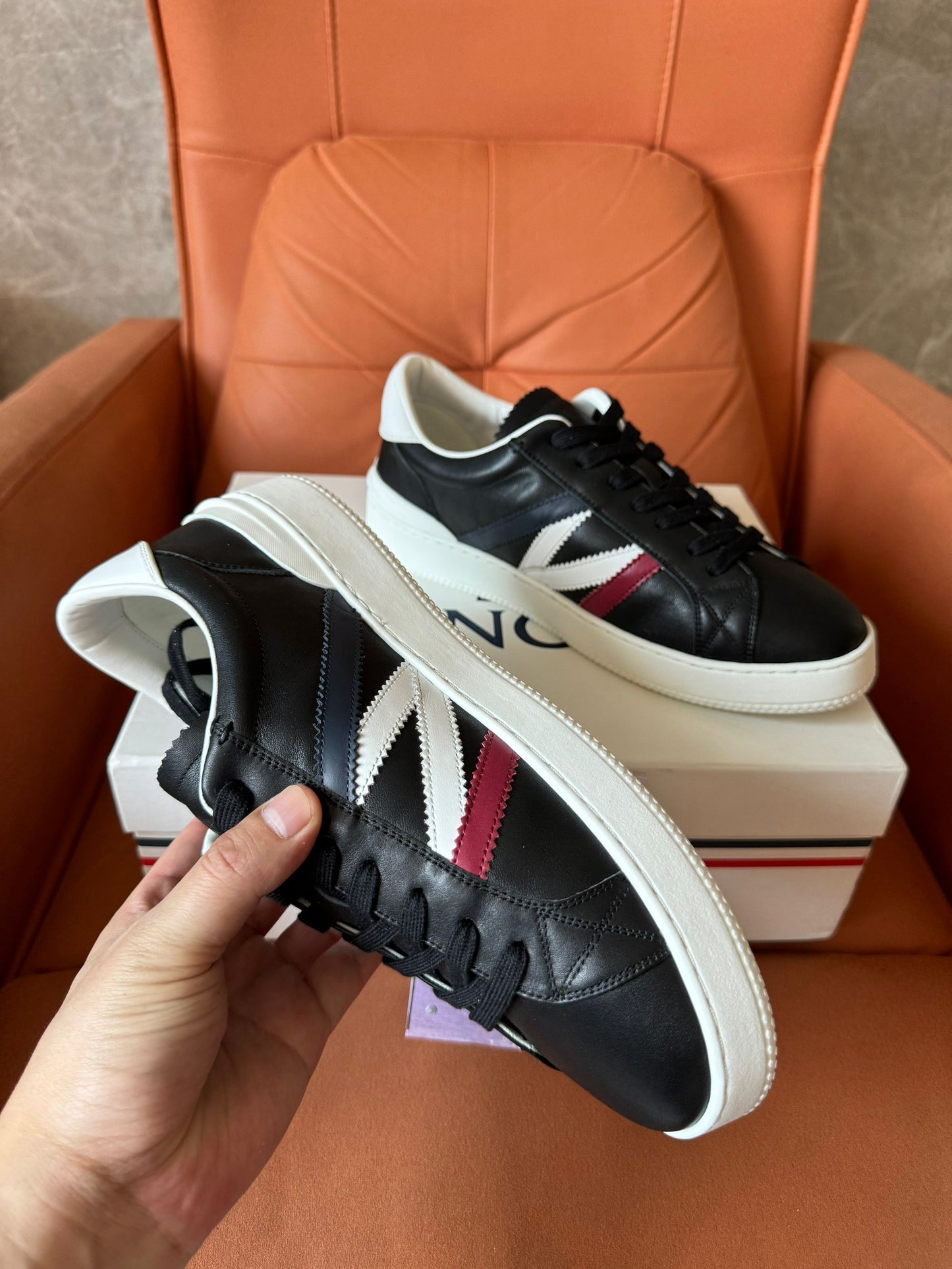 Moncler tricolor stripe leather sneakers