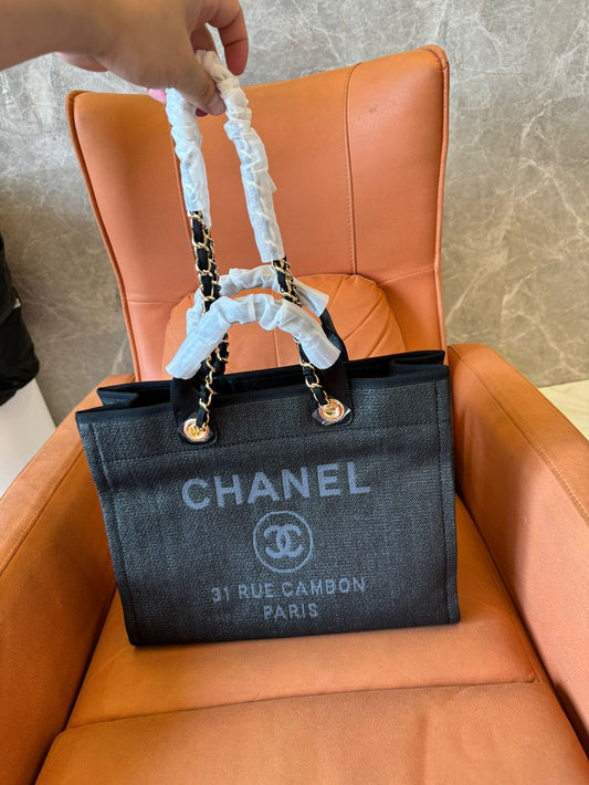 Chanel deauville  tweed/leather black large shopping bag