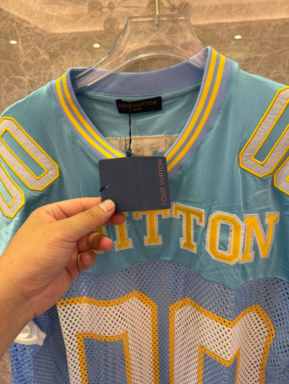 Louis Vuitton vintage-style blue and yellow mesh jersey with "00" number