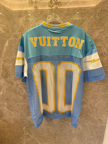 Louis Vuitton vintage-style blue and yellow mesh jersey with "00" number