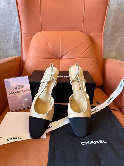 Chanel lambskin grosgrain cap toe CC slingback pumps beige black