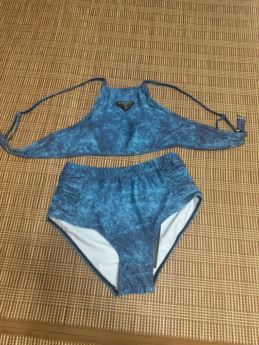 Prada blue acid-wash bikini set with logo detail