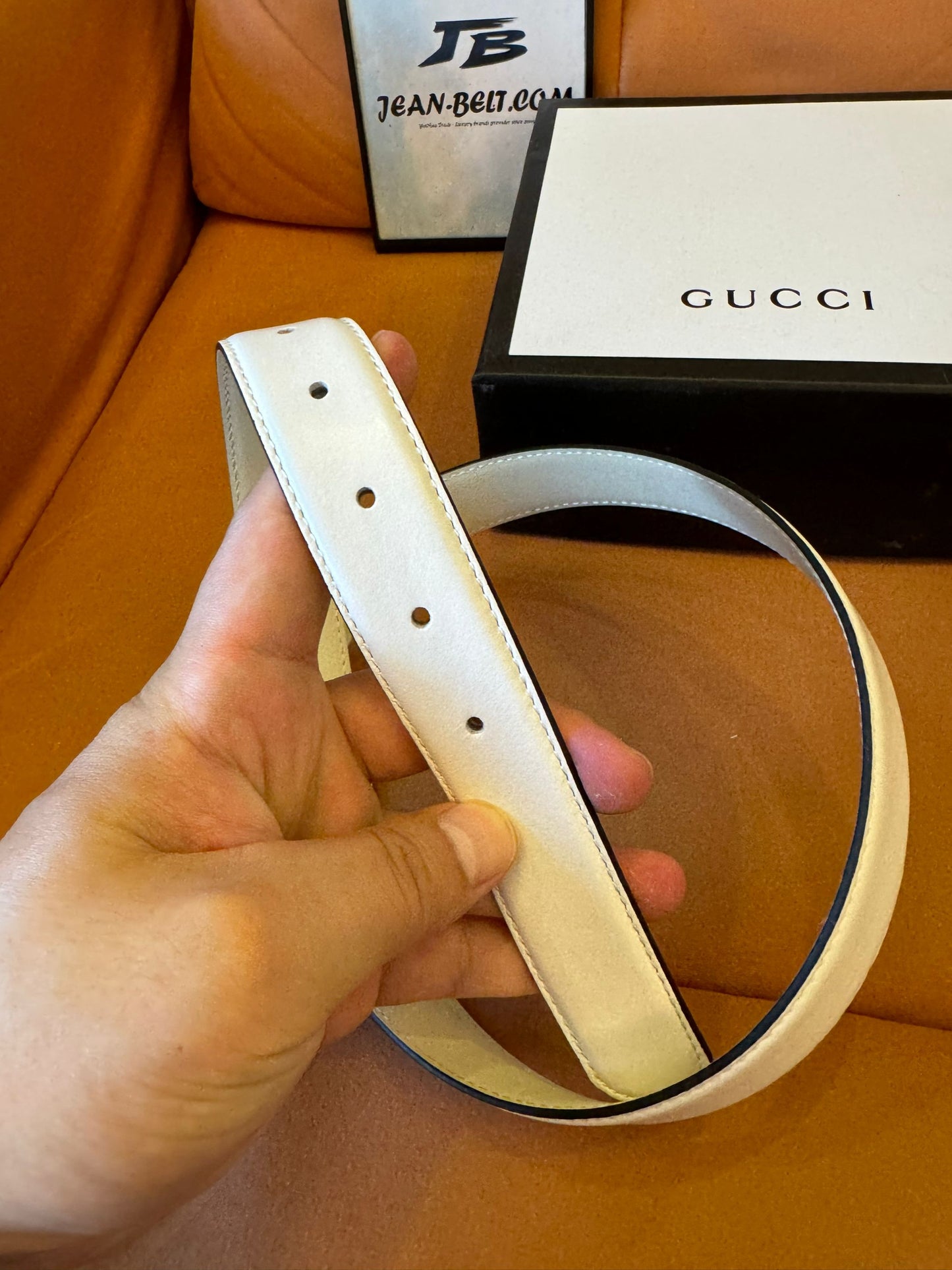 Gucci GG Marmont white leather belt with multicolor crystal buckle