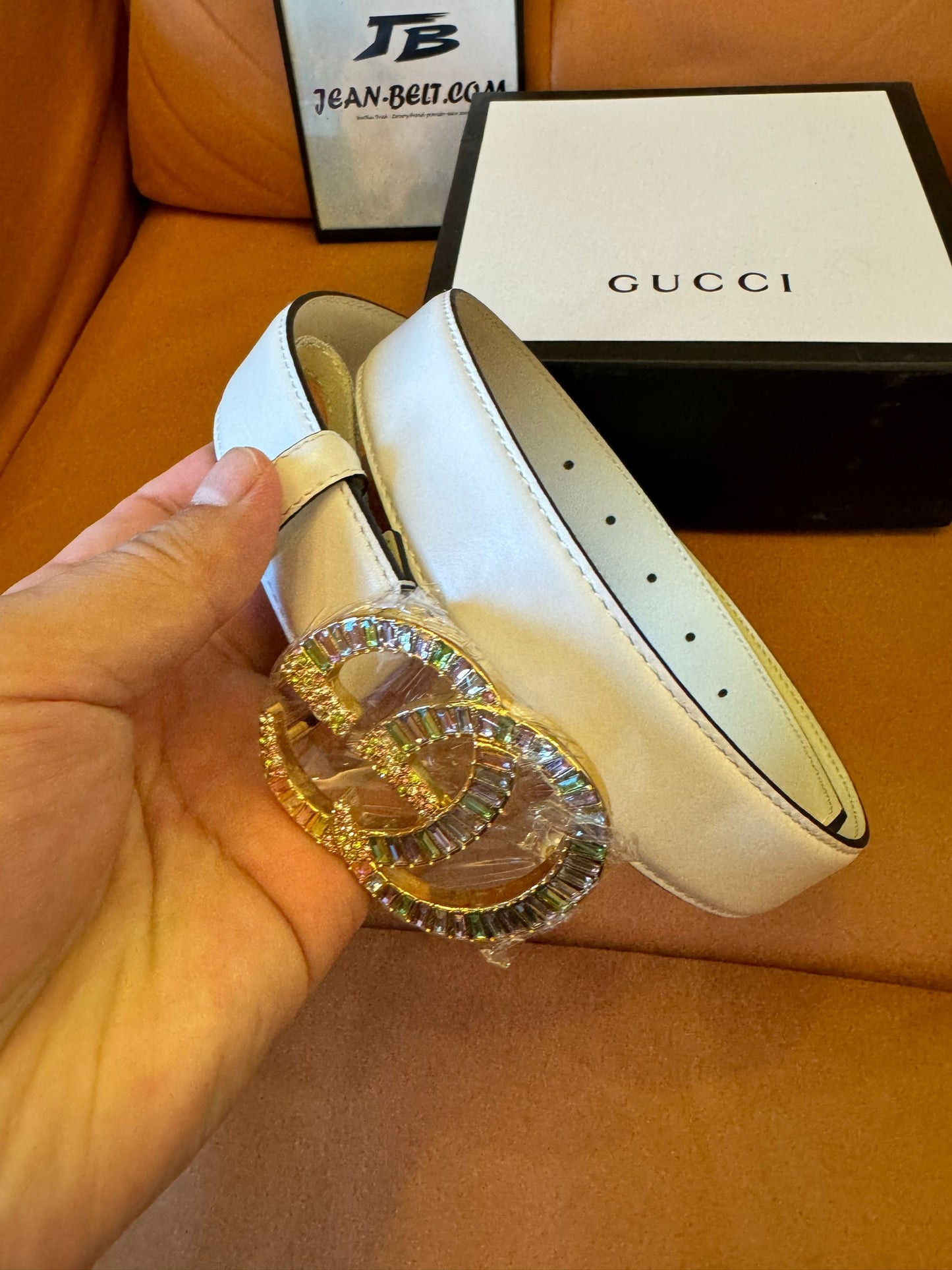 Gucci GG Marmont white leather belt with multicolor crystal buckle