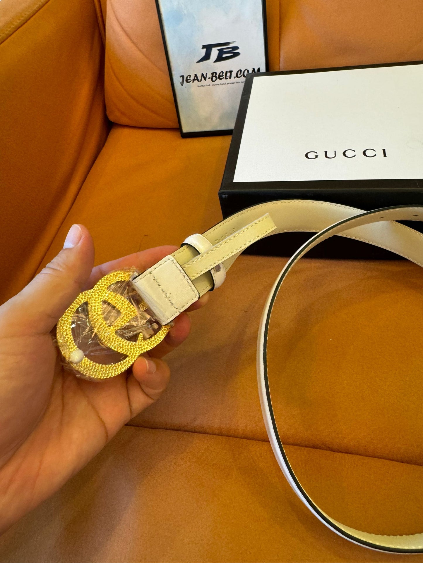 Gucci GG Marmont white leather belt with multicolor crystal buckle