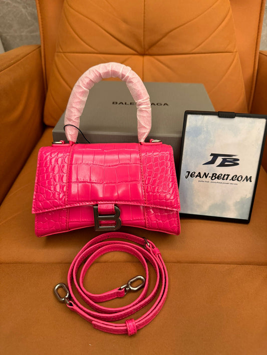 Balenciaga hourglass top handle bag in crocodile embossed pink leather