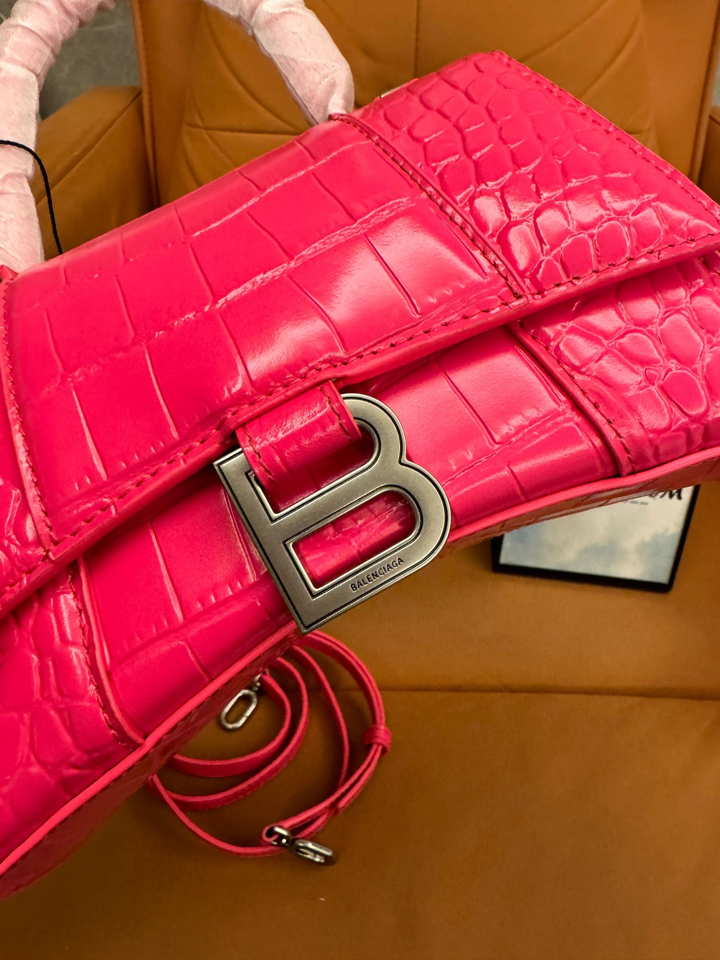 Balenciaga hourglass top handle bag in crocodile embossed pink leather