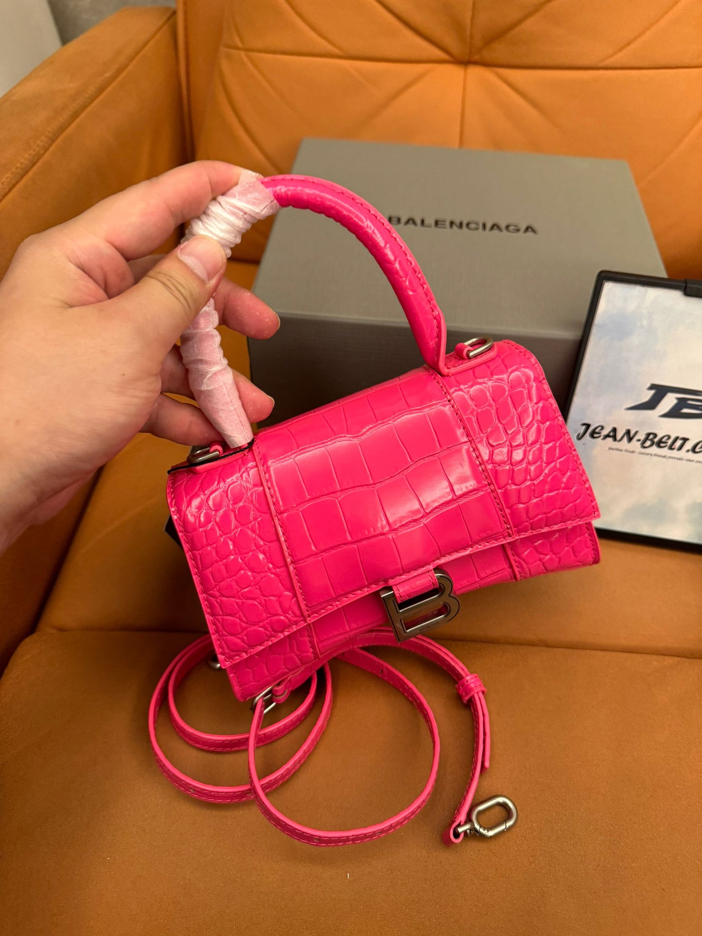 Balenciaga hourglass top handle bag in crocodile embossed pink leather