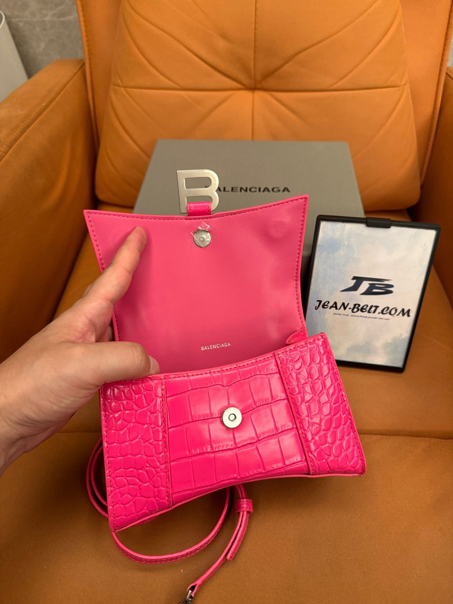 Balenciaga hourglass top handle bag in crocodile embossed pink leather