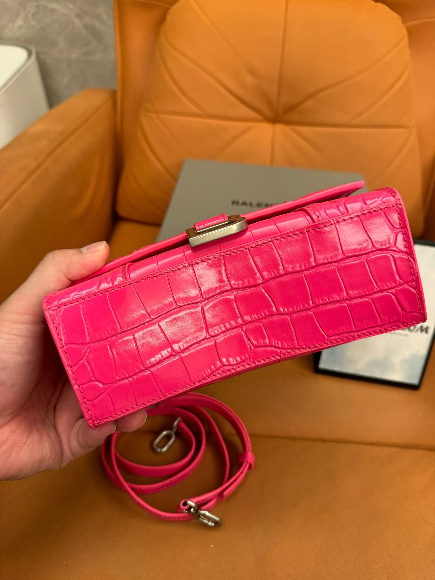 Balenciaga hourglass top handle bag in crocodile embossed pink leather