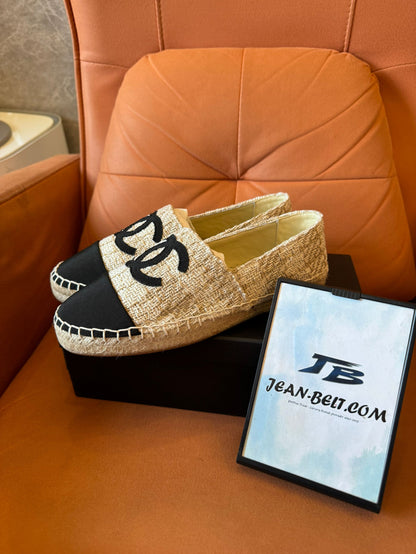 Chanel beige and black tweed espadrilles with iconic CC logo