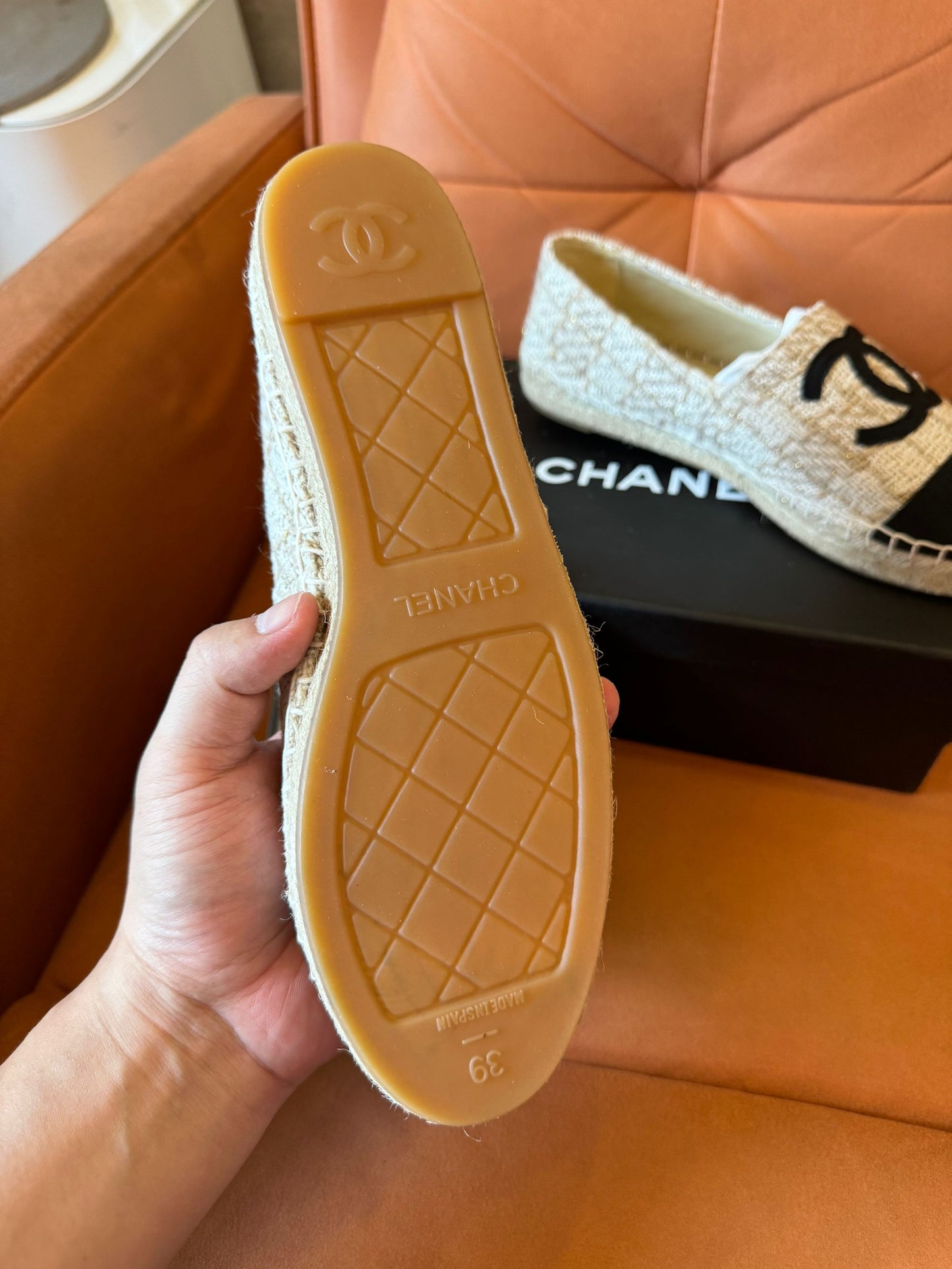 Chanel beige and black tweed espadrilles with iconic CC logo