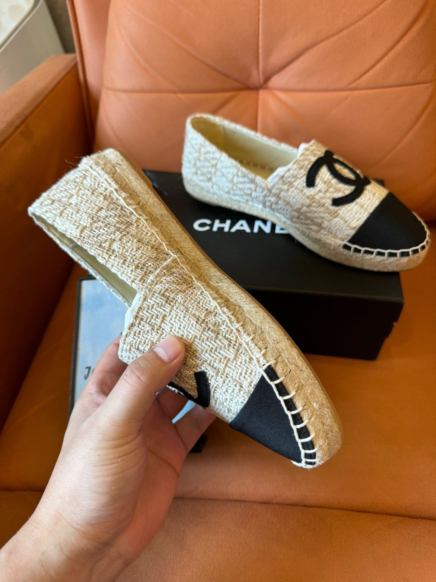 Chanel beige and black tweed espadrilles with iconic CC logo