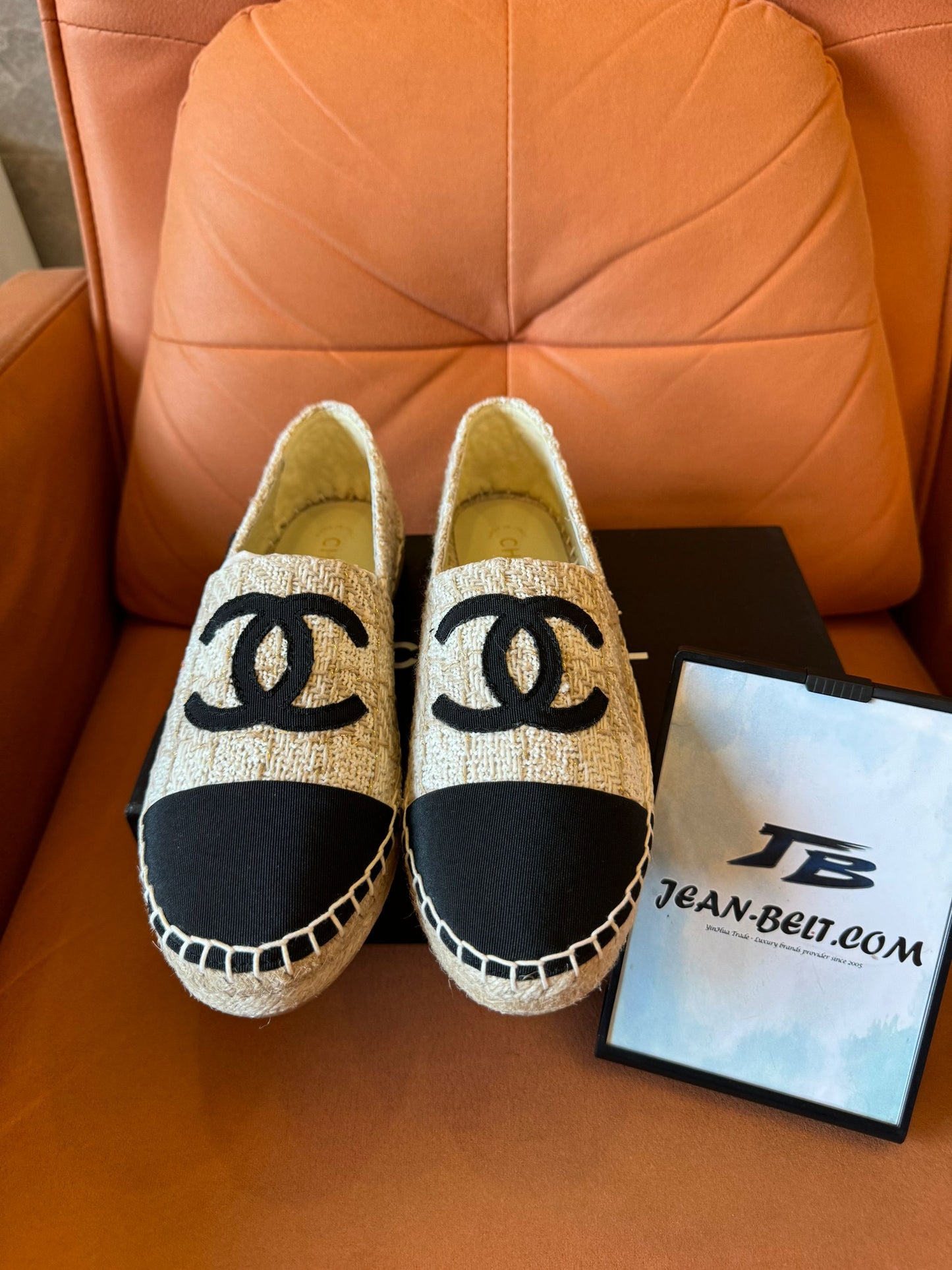 Chanel beige and black tweed espadrilles with iconic CC logo