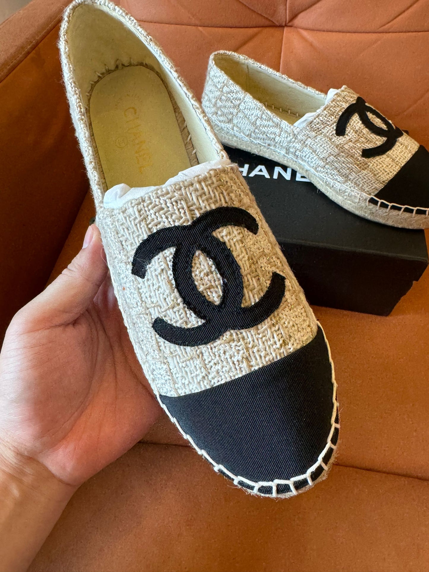 Chanel beige and black tweed espadrilles with iconic CC logo