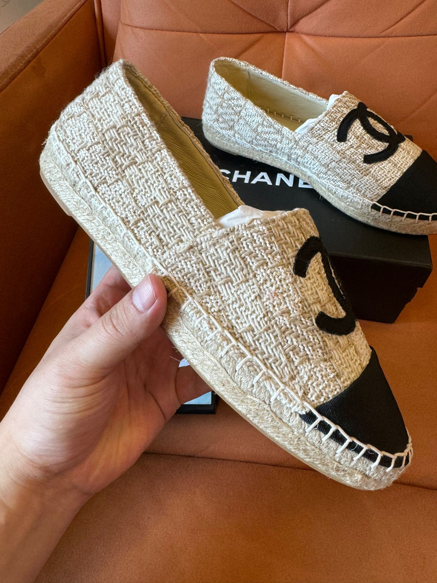 Chanel beige and black tweed espadrilles with iconic CC logo