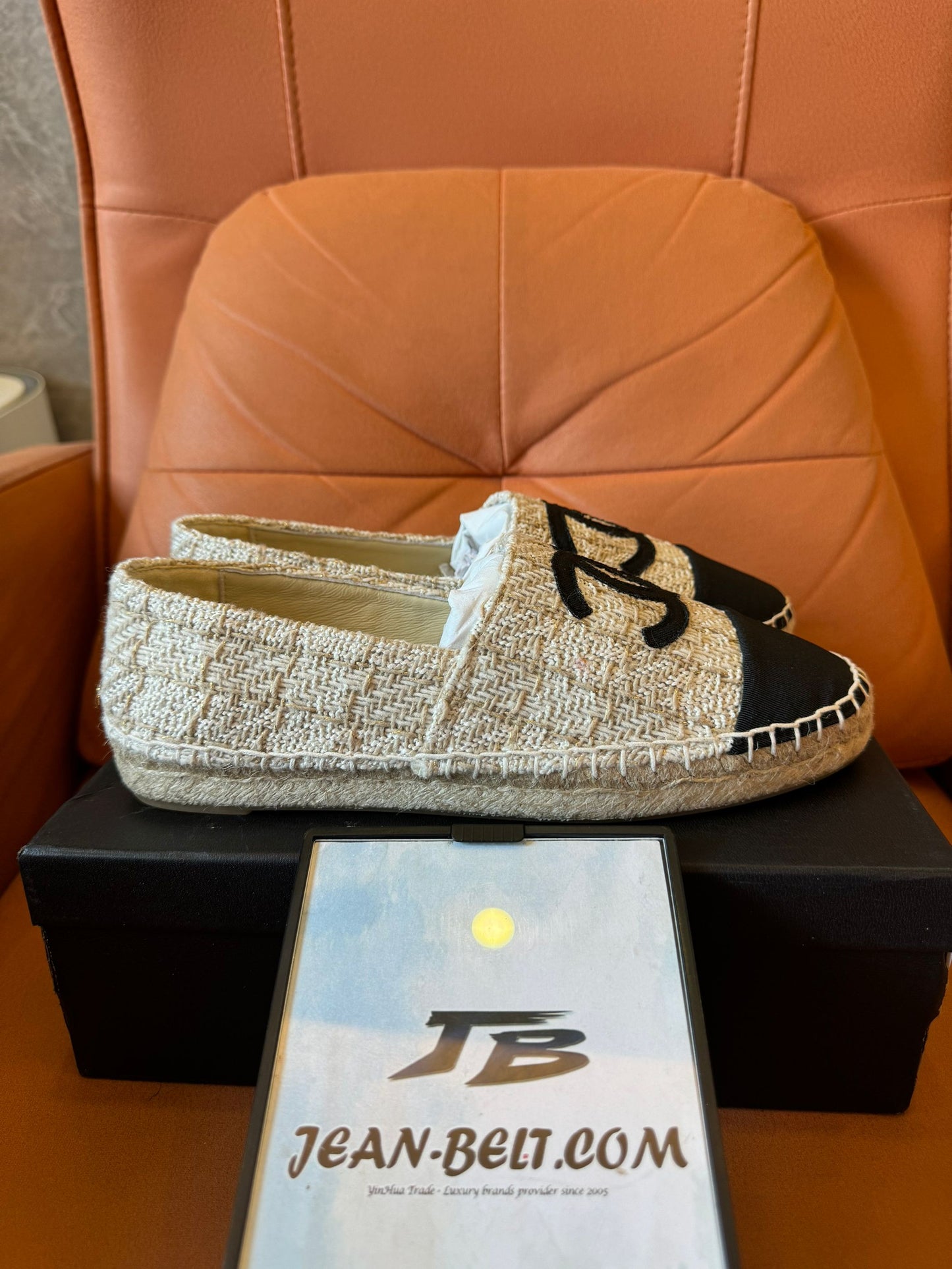 Chanel beige and black tweed espadrilles with iconic CC logo