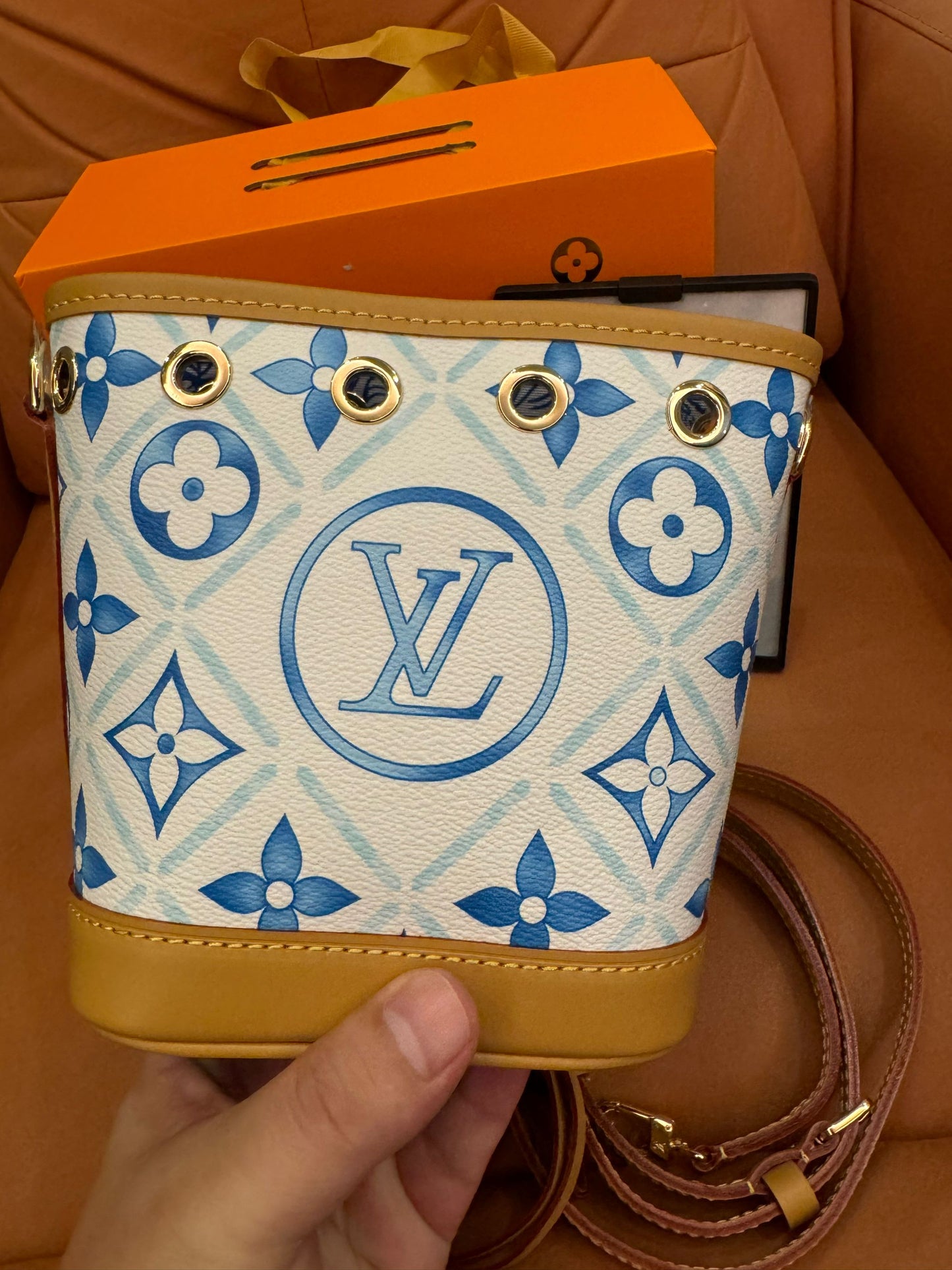 Louis Vuitton limited edition  mini bucket bag in blue and white with gold-tone hardware