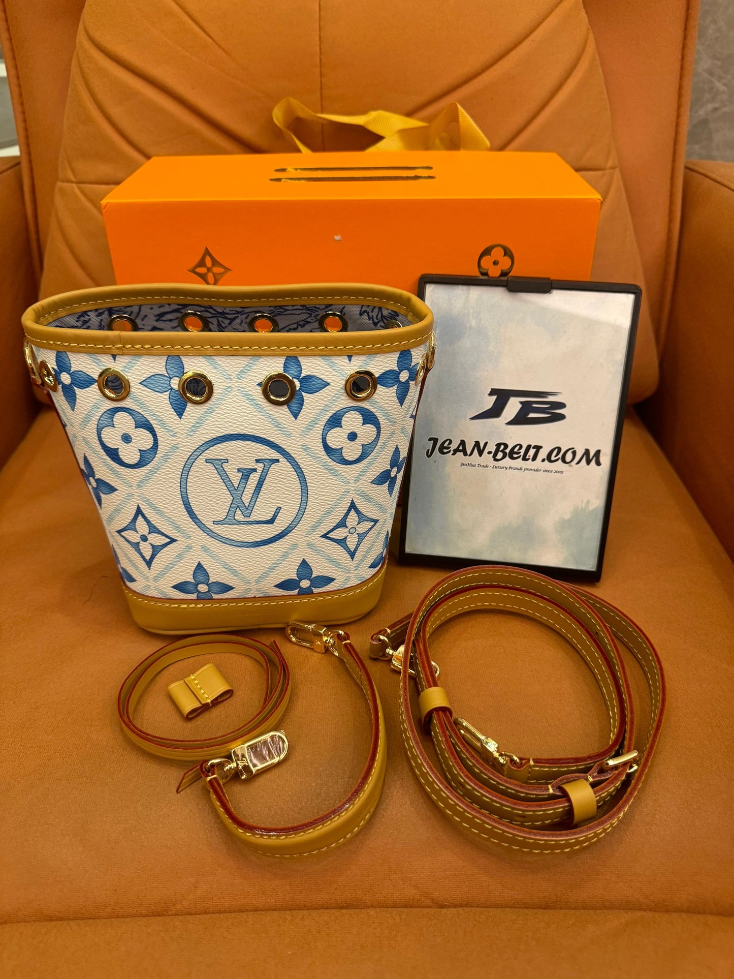 Louis Vuitton limited edition  mini bucket bag in blue and white with gold-tone hardware