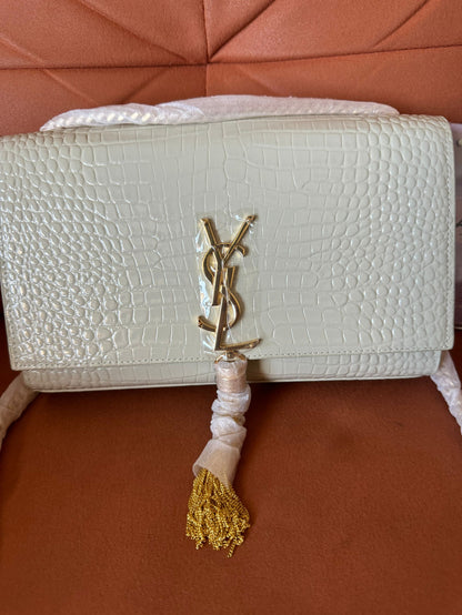 YSL Saint Laurent kate medium tassel crossbody bag in croc-embossed leather white