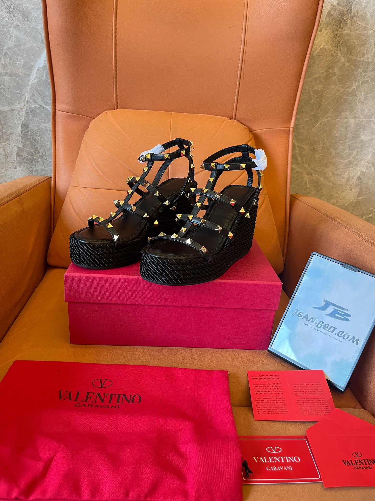 Valentino Garavani ladies black leather rockstud wedge sandals