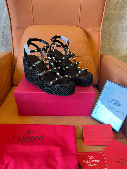 Valentino Garavani ladies black leather rockstud wedge sandals