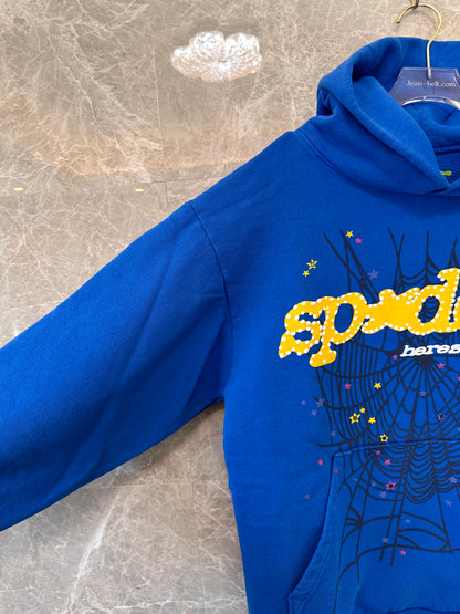 Sp5der blue hoodie with spider web graphic