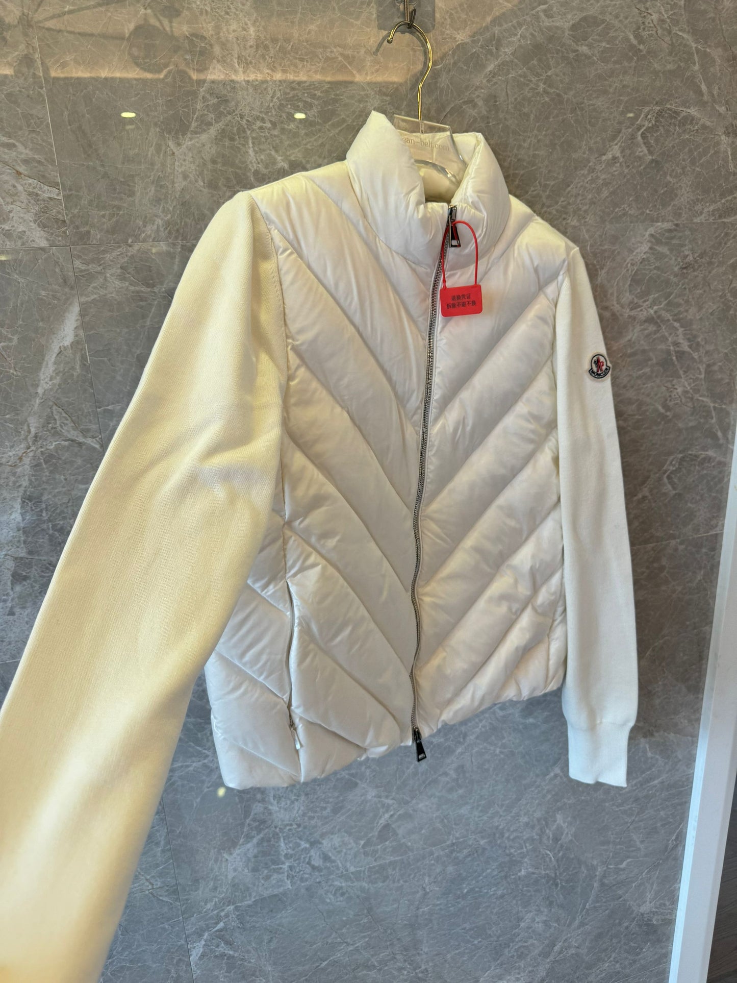 Moncler down jacket with knit sleeves for women white