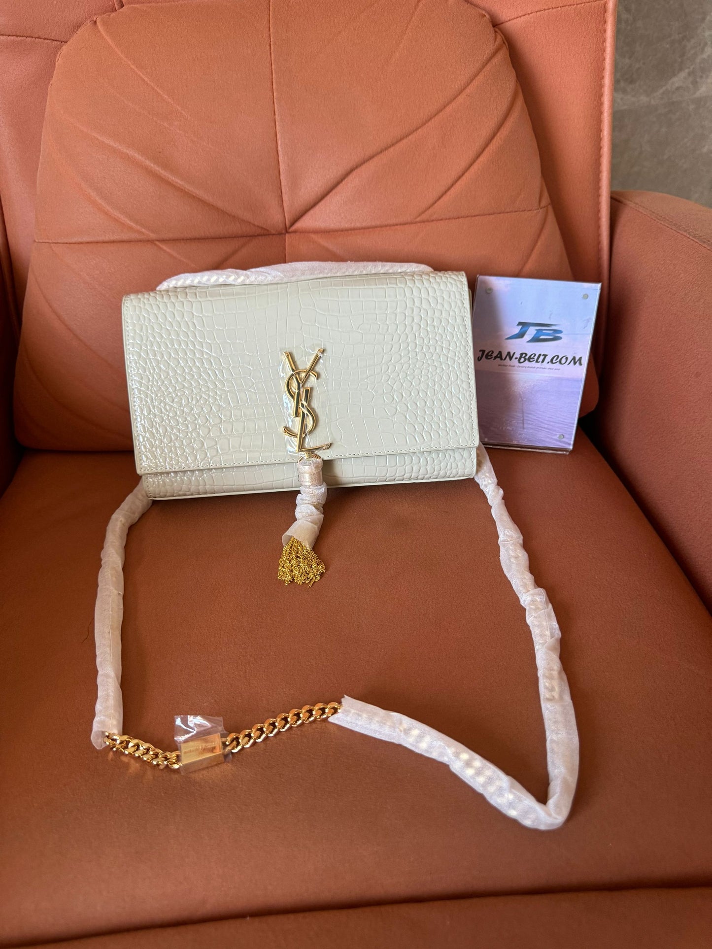 YSL Saint Laurent kate medium tassel crossbody bag in croc-embossed leather white