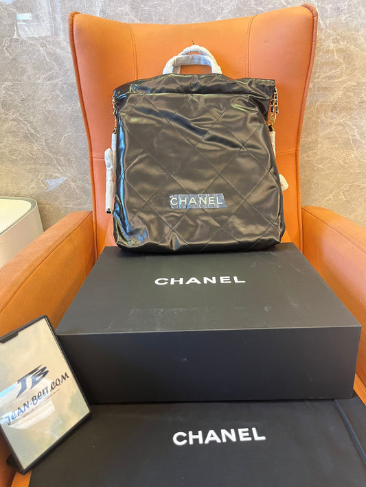 Chanel shiny bodin joyeux waterproof calfskin quilted 22 backpack black