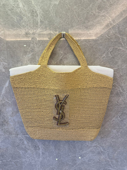 YSL tote icare in raffia le cassandre plus size shopping bag beige