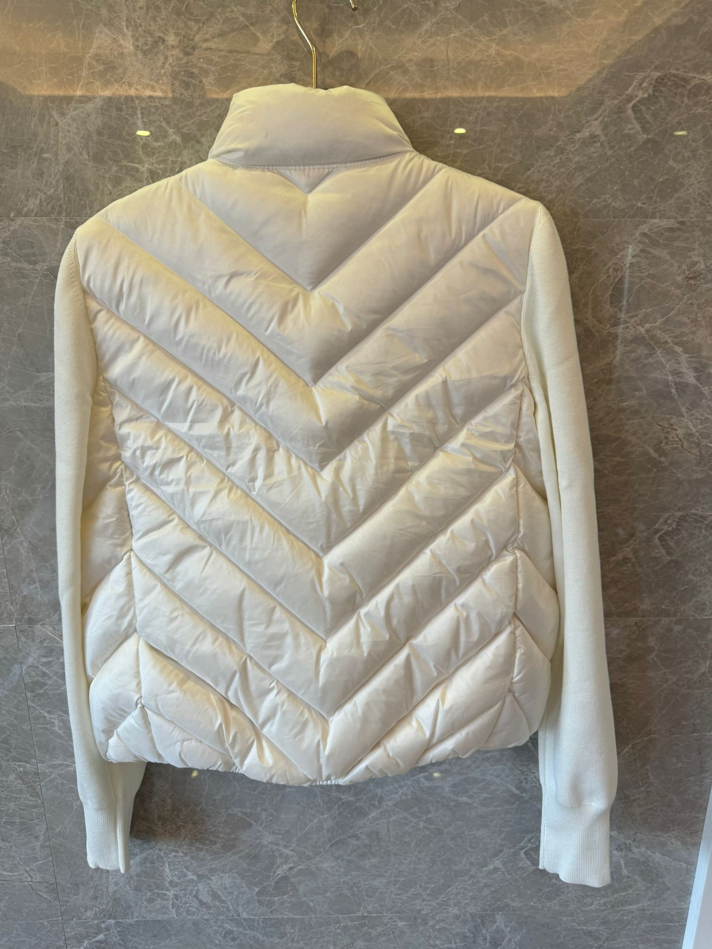 Moncler down jacket with knit sleeves for women white