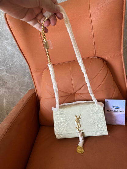 YSL Saint Laurent kate medium tassel crossbody bag in croc-embossed leather white