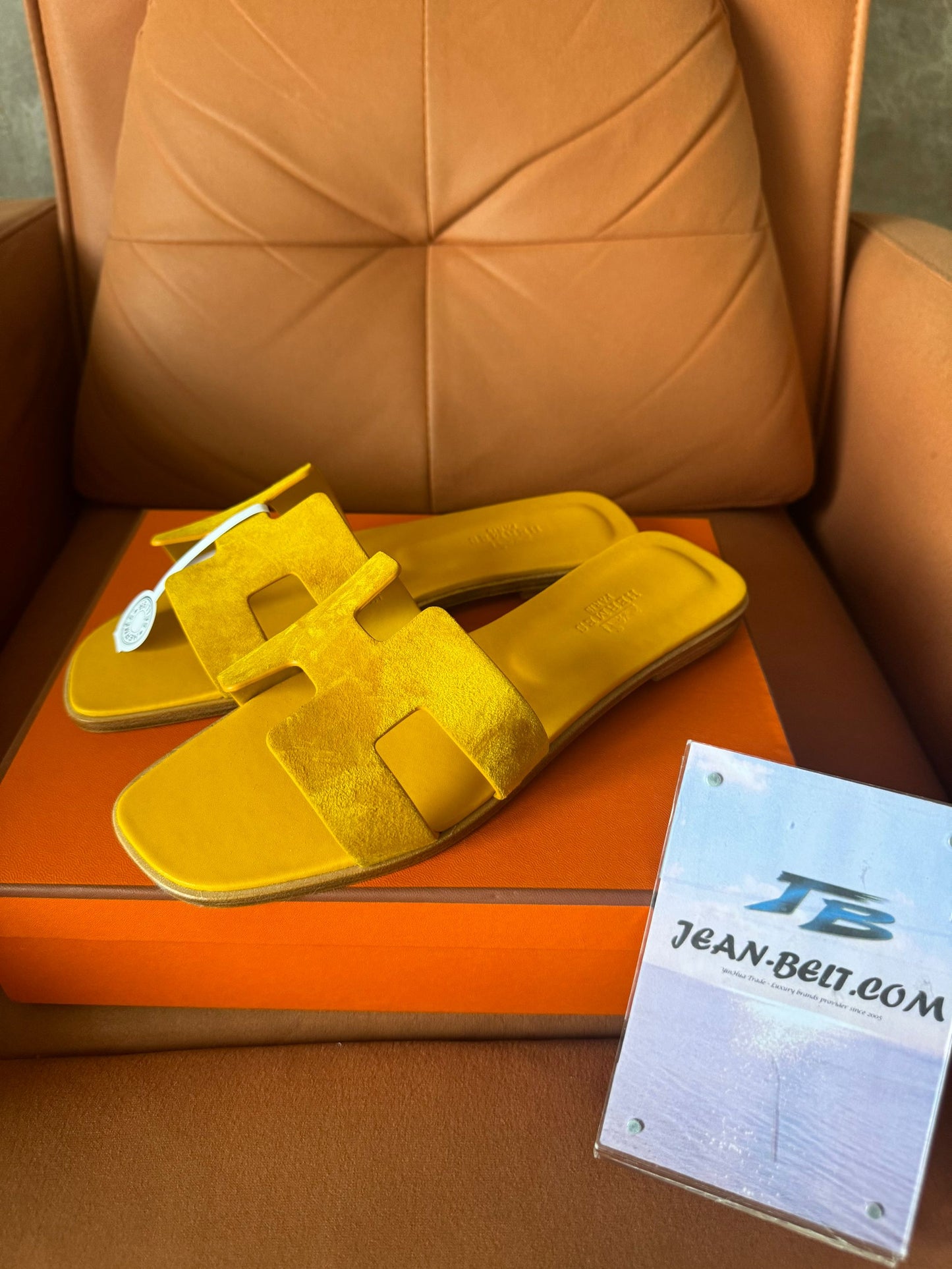 Hermes slippers oran sandal jaune topaz suede leather yellow