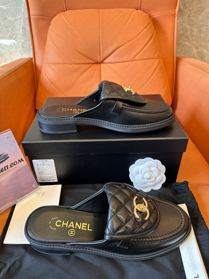 Chanel quilted leather slippers with gold CC logo