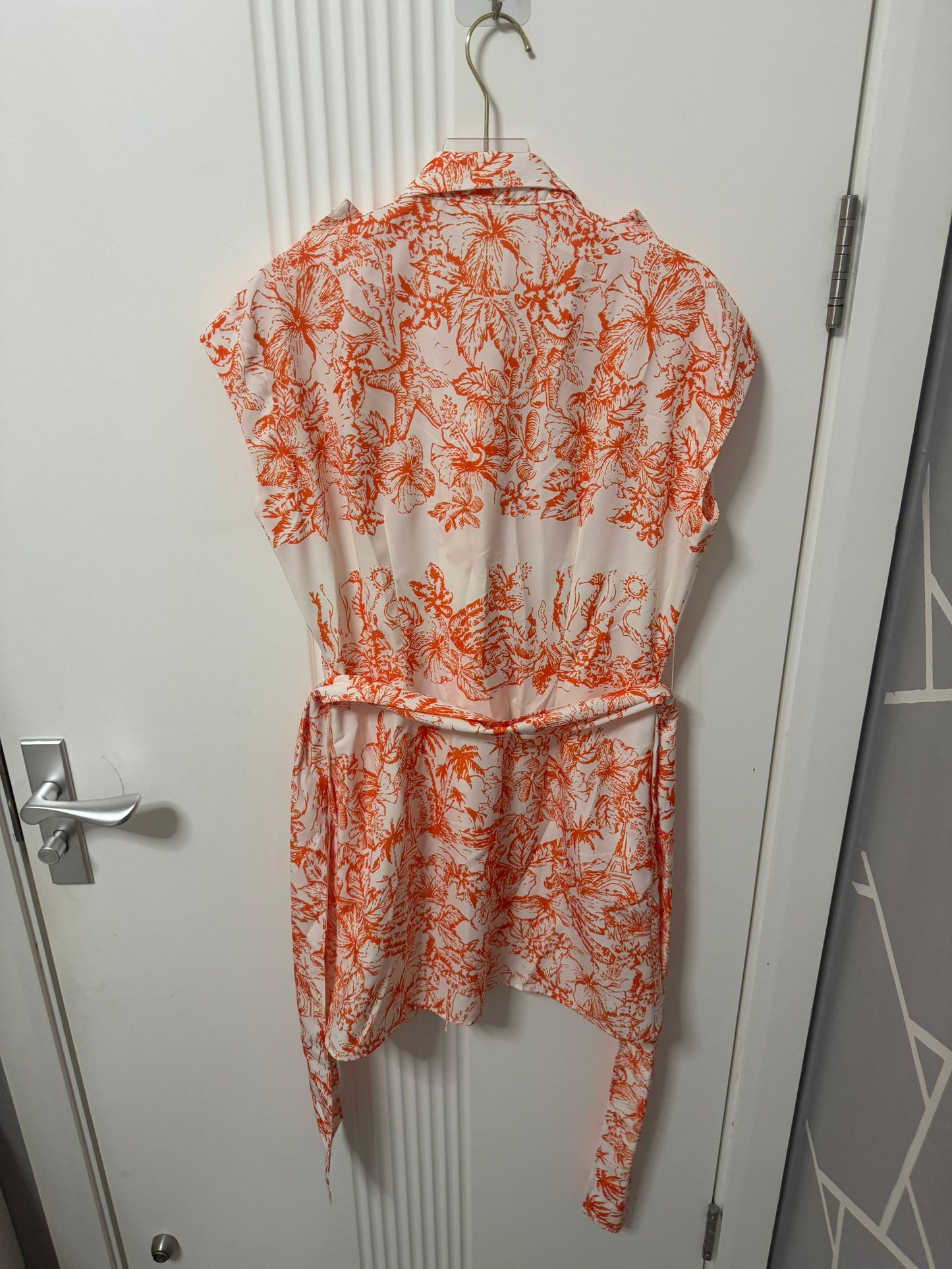 Louis Vuitton tropical floral shirt dress bright orange for women