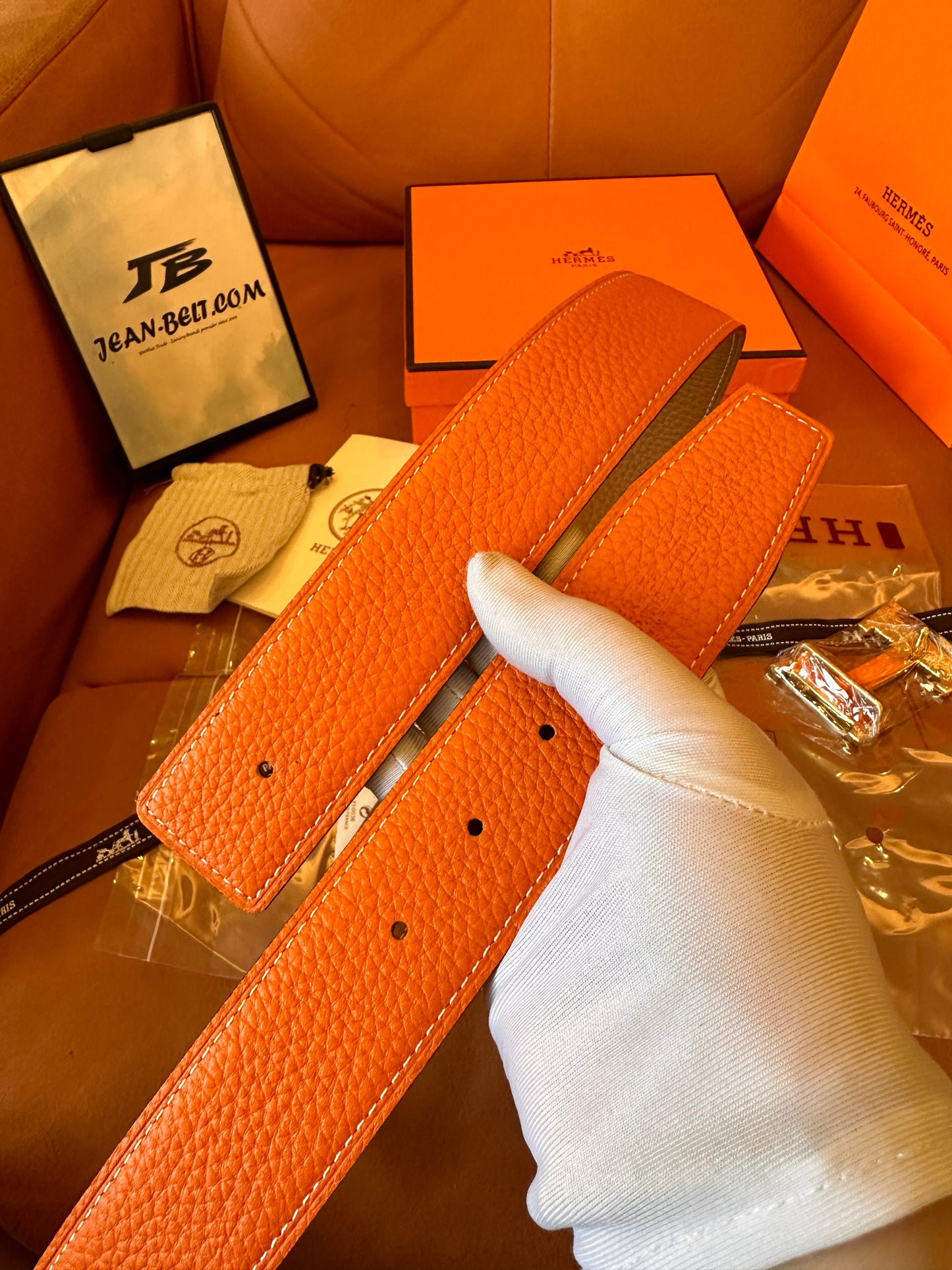 Hermes Martelee buckle & reversible leather strap belts orange gold