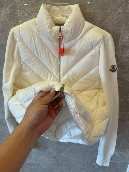 Moncler down jacket with knit sleeves for women white