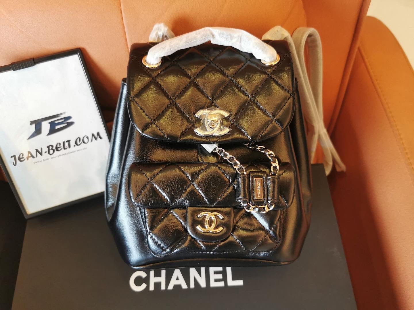 Chanel glazed aged calfskin quilted small duma drawstring backpack black