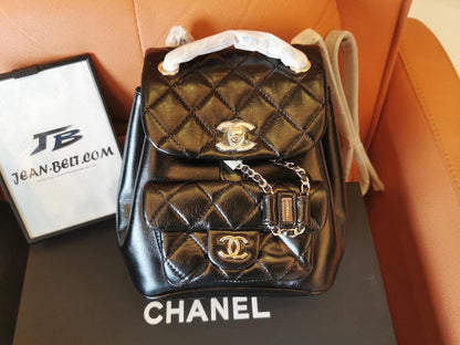 Chanel glazed aged calfskin quilted small duma drawstring backpack black