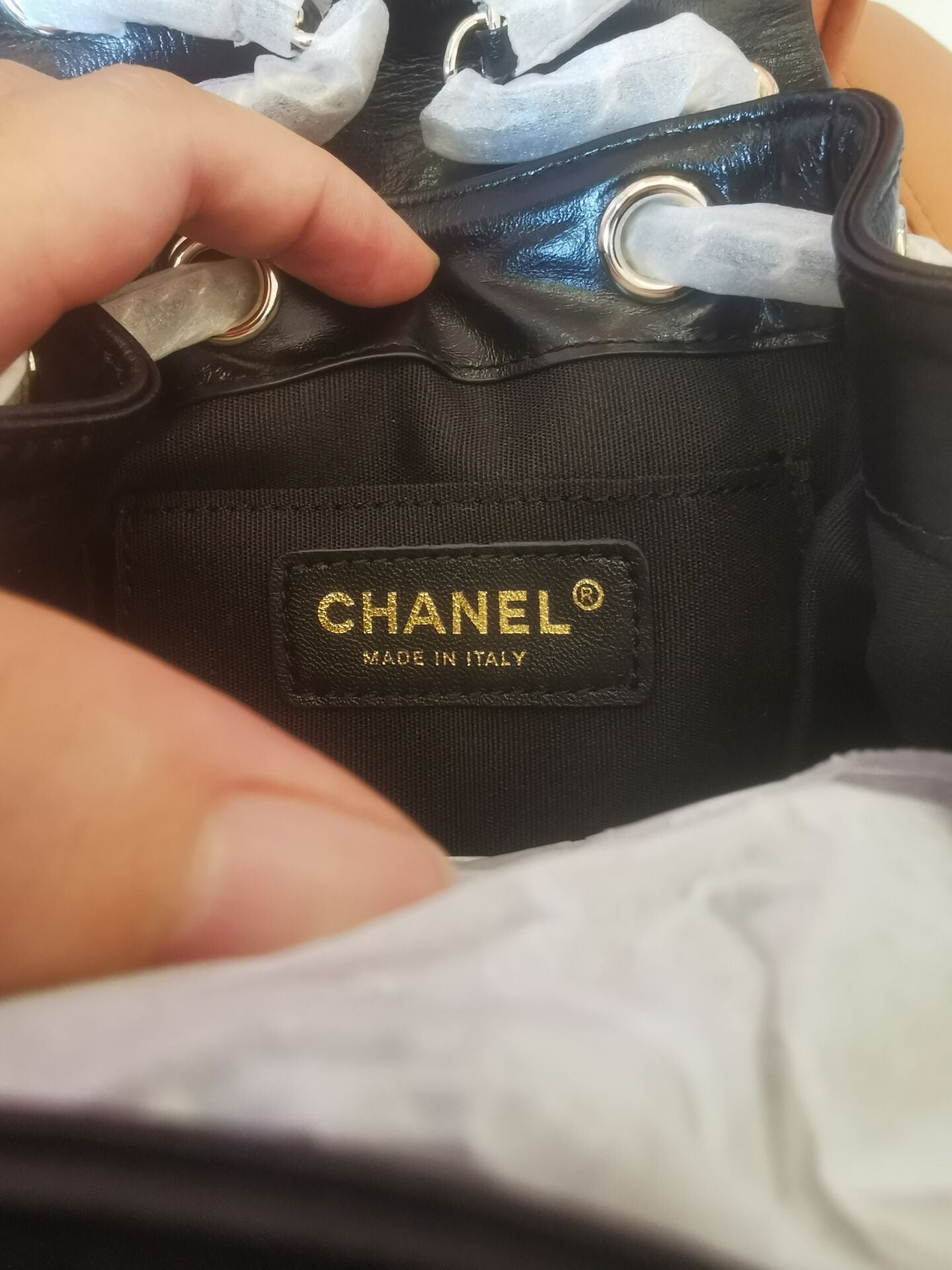 Chanel glazed aged calfskin quilted small duma drawstring backpack black