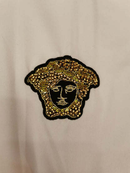 Versace white dress shirt with embroidered medusa patch and greek key trim