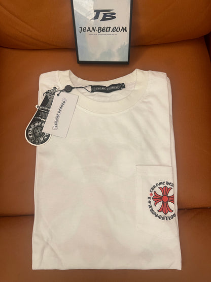 Chrome Hearts white long sleeve t-shirt with red cross logo and gothic lettering