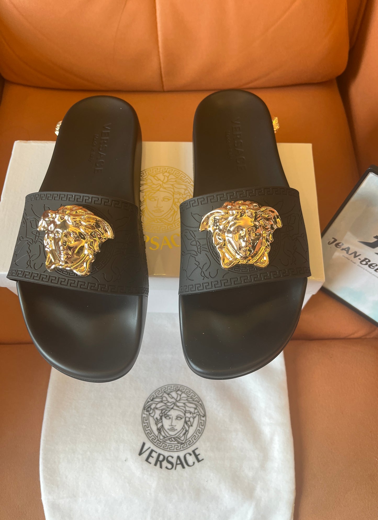 Versace unisex gold medusa head slides slippers black