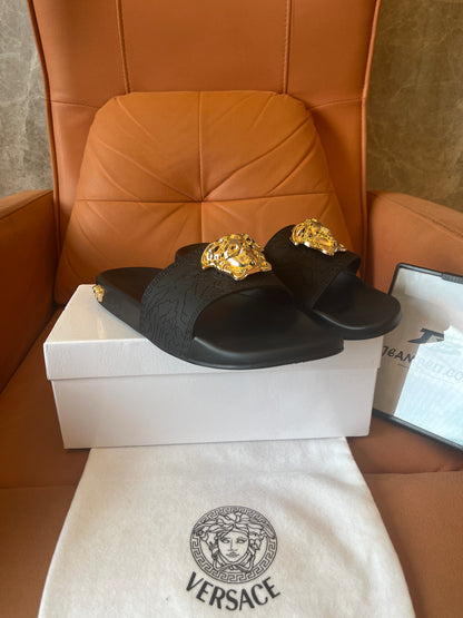 Versace unisex gold medusa head slides slippers black