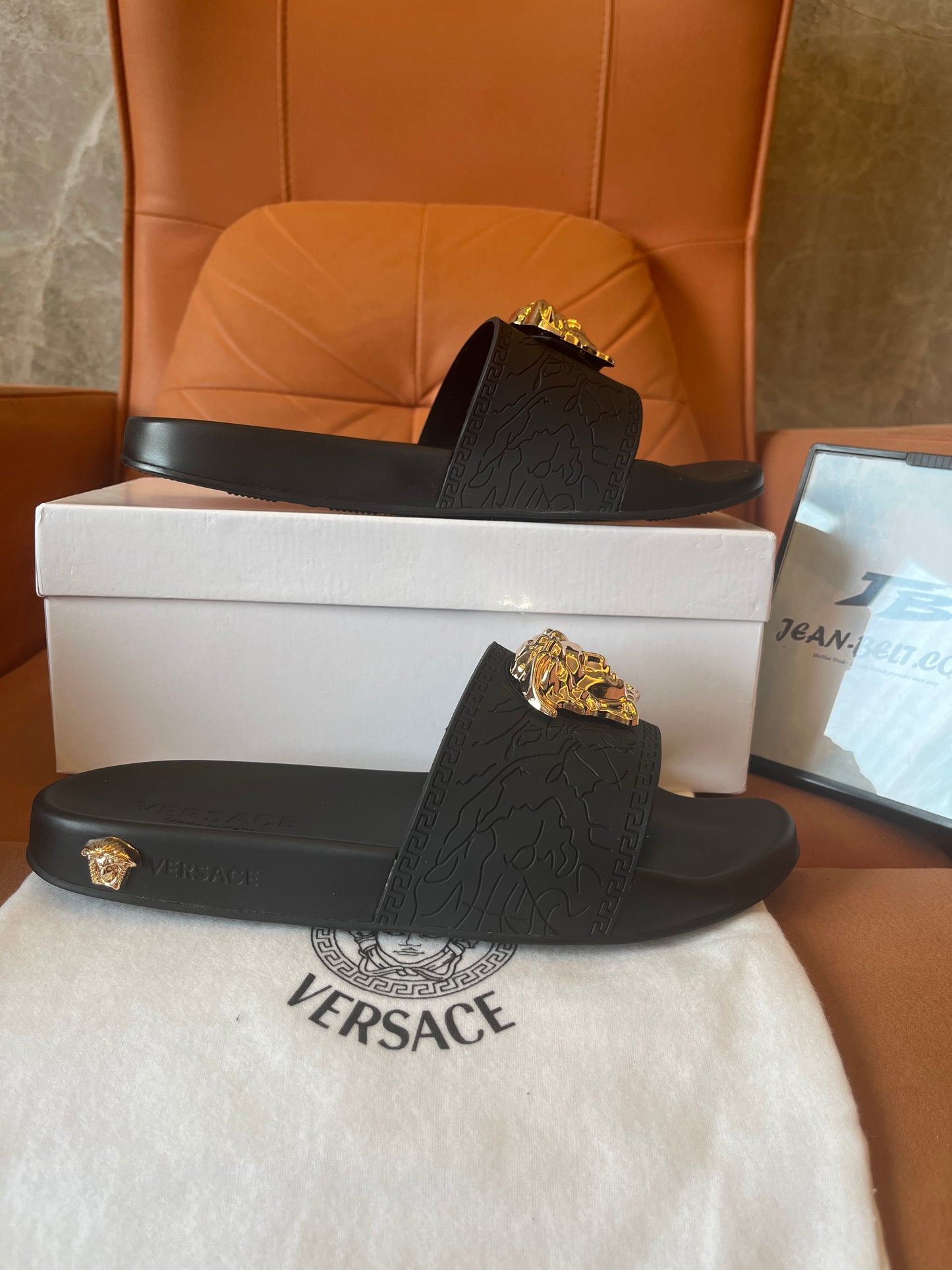 Versace unisex gold medusa head slides slippers black