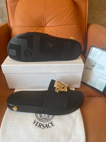 Versace unisex gold medusa head slides slippers black