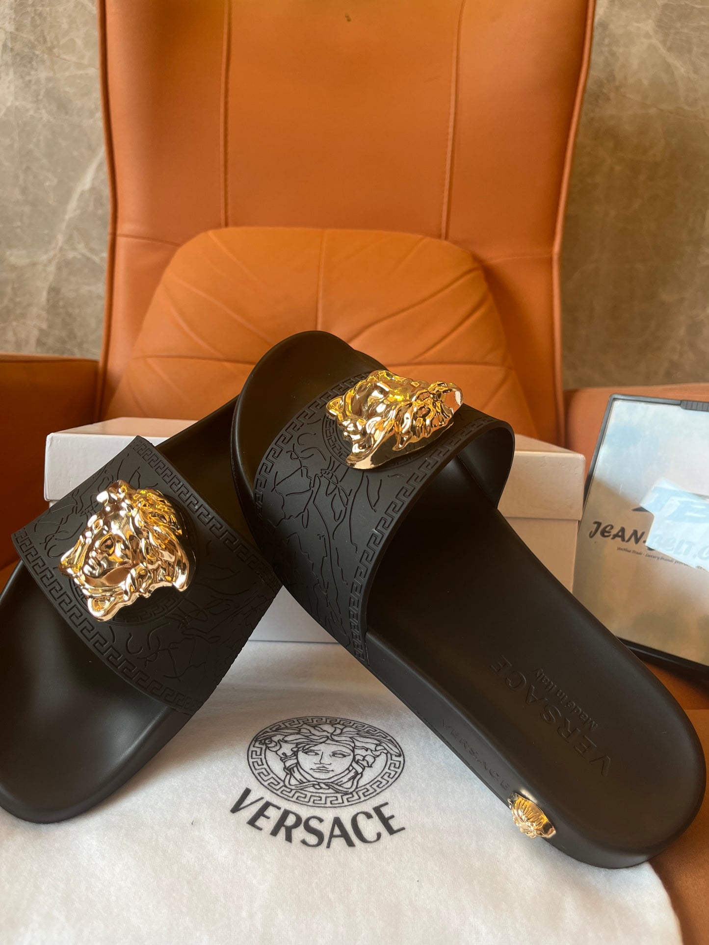 Versace unisex gold medusa head slides slippers black