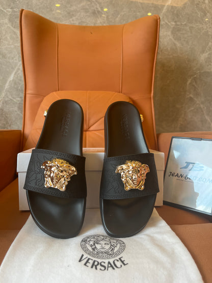 Versace unisex gold medusa head slides slippers black