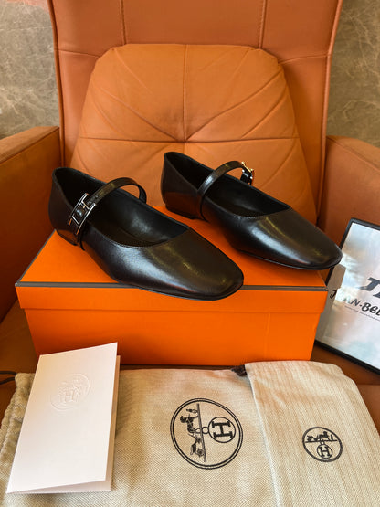 Hermes leather ballet flats black